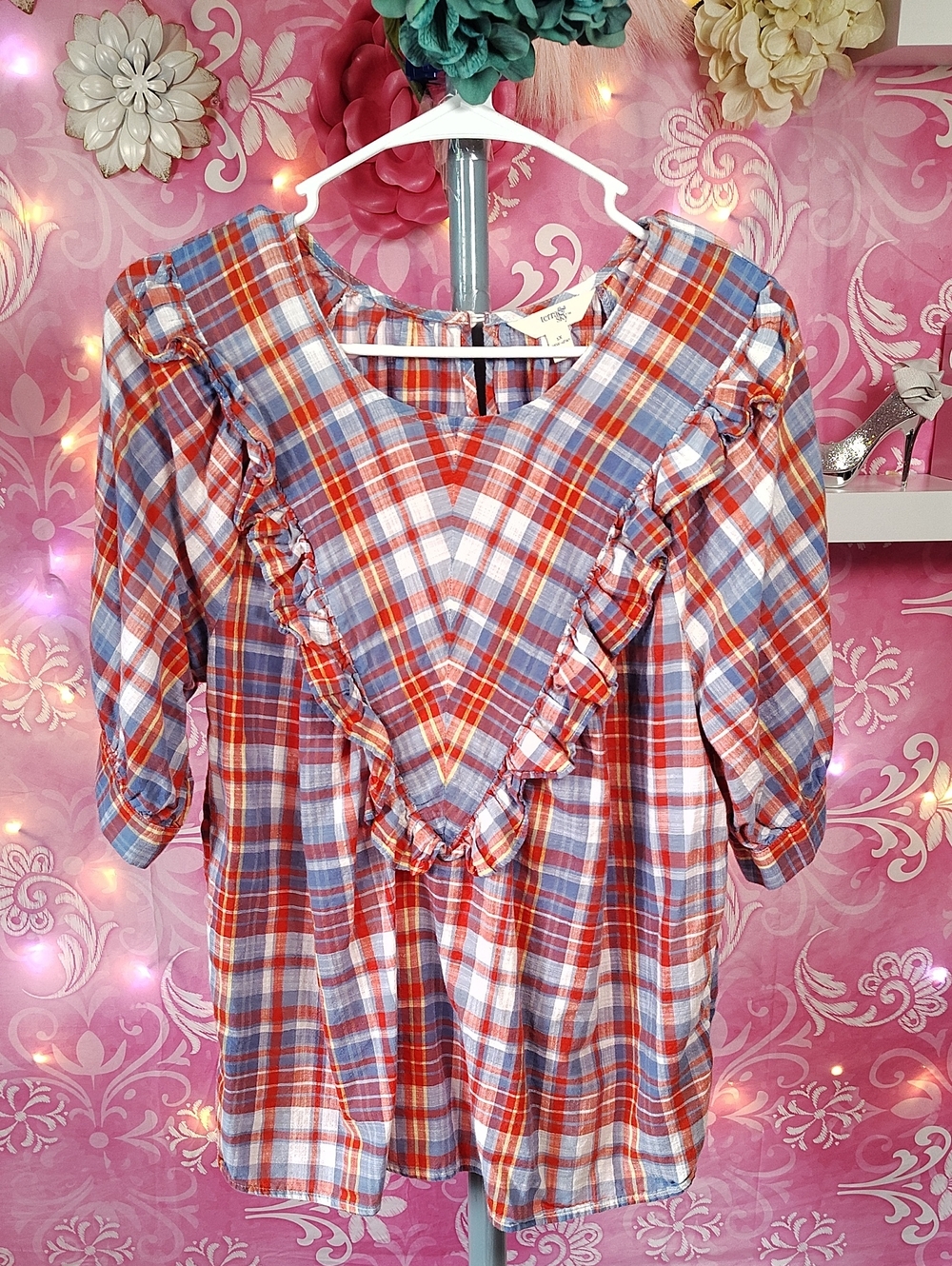Terra & Sky Red, Blue and White Plaid Ruffle Peasant Top